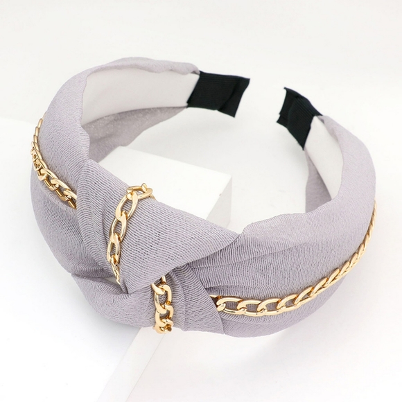 Gold Chain & Gray Knot Headband Bling Fashion Hair Cute Statement Accessory Trim - Picture 1 of 2